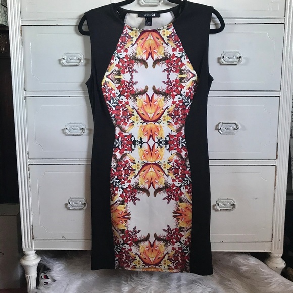 FOREVER 21/Black, Red & Orange Pattern Dress/SZ L - Picture 1 of 6